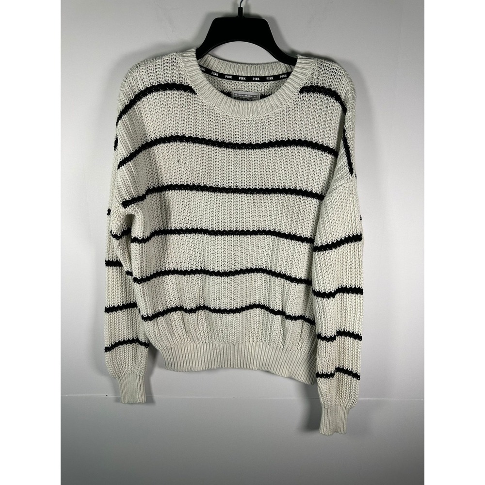Forenza Sweater Womens S Striped Crewneck Pullover White Black Chunky Knit